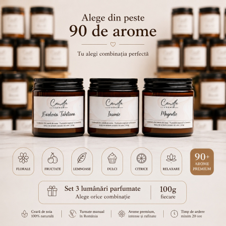 Seturi și Cadouri - Set 3 lumânări parfumate personalizabile sticlă ambră 100 g – Candle Corner