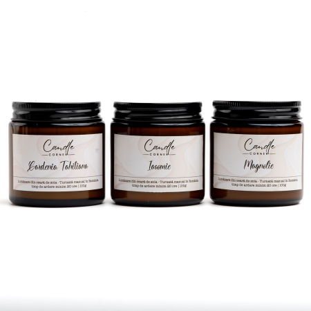 Seturi și Cadouri - Set 3 lumânări parfumate personalizabile sticlă ambră 100 g – Candle Corner
