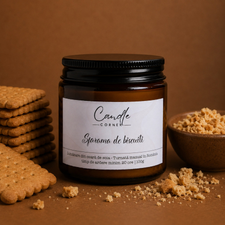Lumânări parfumate 100g din ceară naturală de soia, în sticlă ambră - Lumânare parfumată Sfărâmă de Biscuiți din soia – Candle Corner