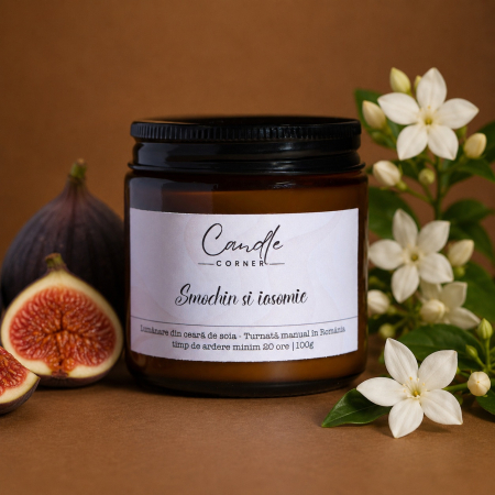 Florale și verzi - lumanare smochin iasomie ceara soia sticla ambra