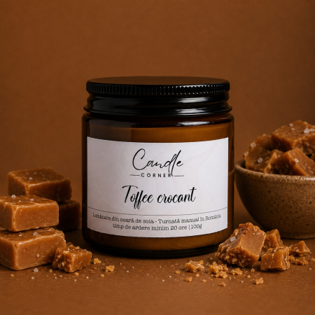 Lumanari parfumate 210g, din ceara naturala de soia în sticlă ambra - lumanare toffee crocant ceara soia sticla ambra