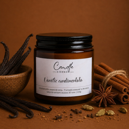Dulci și balsamice - lumanare vanilie condimentata ceara soia sticla ambra