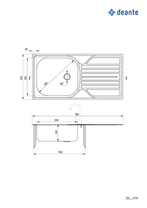 Chiuvetă din inox, 1-cuvă cu picurător - 2&quot; rigole, Deante, Legato,Inox DECOR [2]