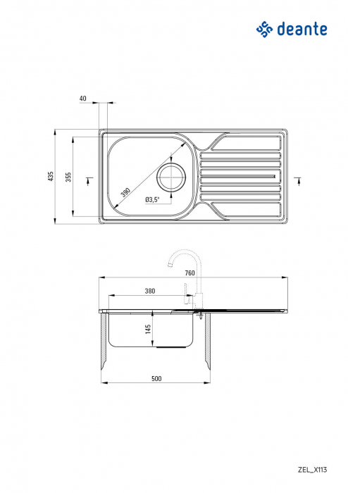 Chiuvetă din inox, 1-cuvă cu picurător - 3,5&quot; rigole [2]