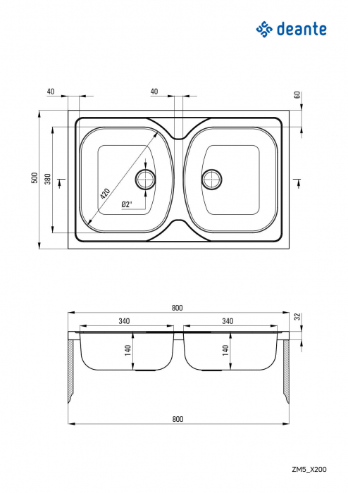 Chiuvetă din inox, 2-cuve - pe mască [2]