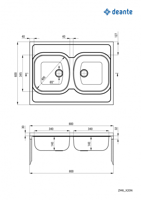Chiuvetă din inox, 2-cuve - pe mască [2]