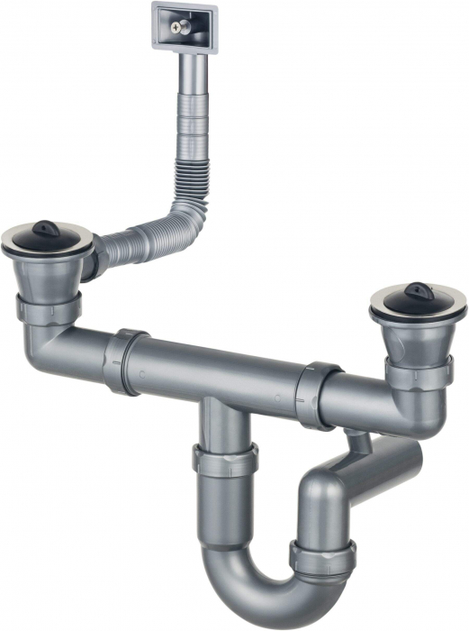 Sifon pentru chiuveta din inox cu montare pe mască, 2-cuve - 2&quot; rigole, Deante, ,STAINLESS Inox [1]
