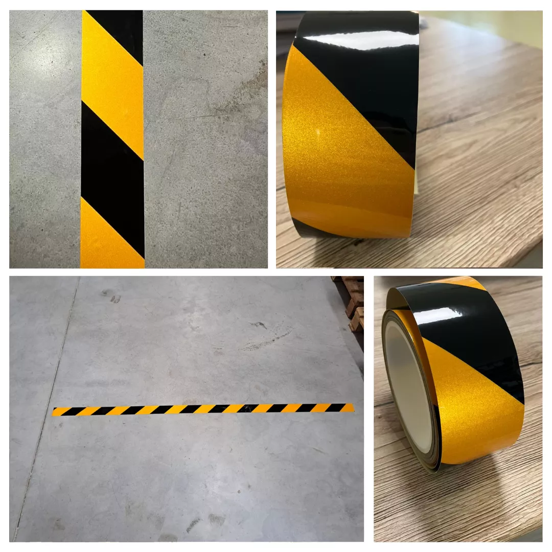 Banda reflectorizantă de marcare, adeziv poliacrilic, autoadeziva, 10m, negru/galben [3]