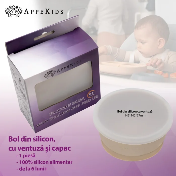 Bol din silicon cu ventuza si capac, AppeKids - Bej [6]