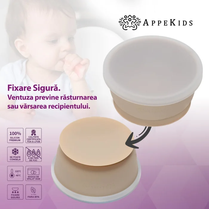 Bol din silicon cu ventuza si capac, AppeKids - Bej [4]