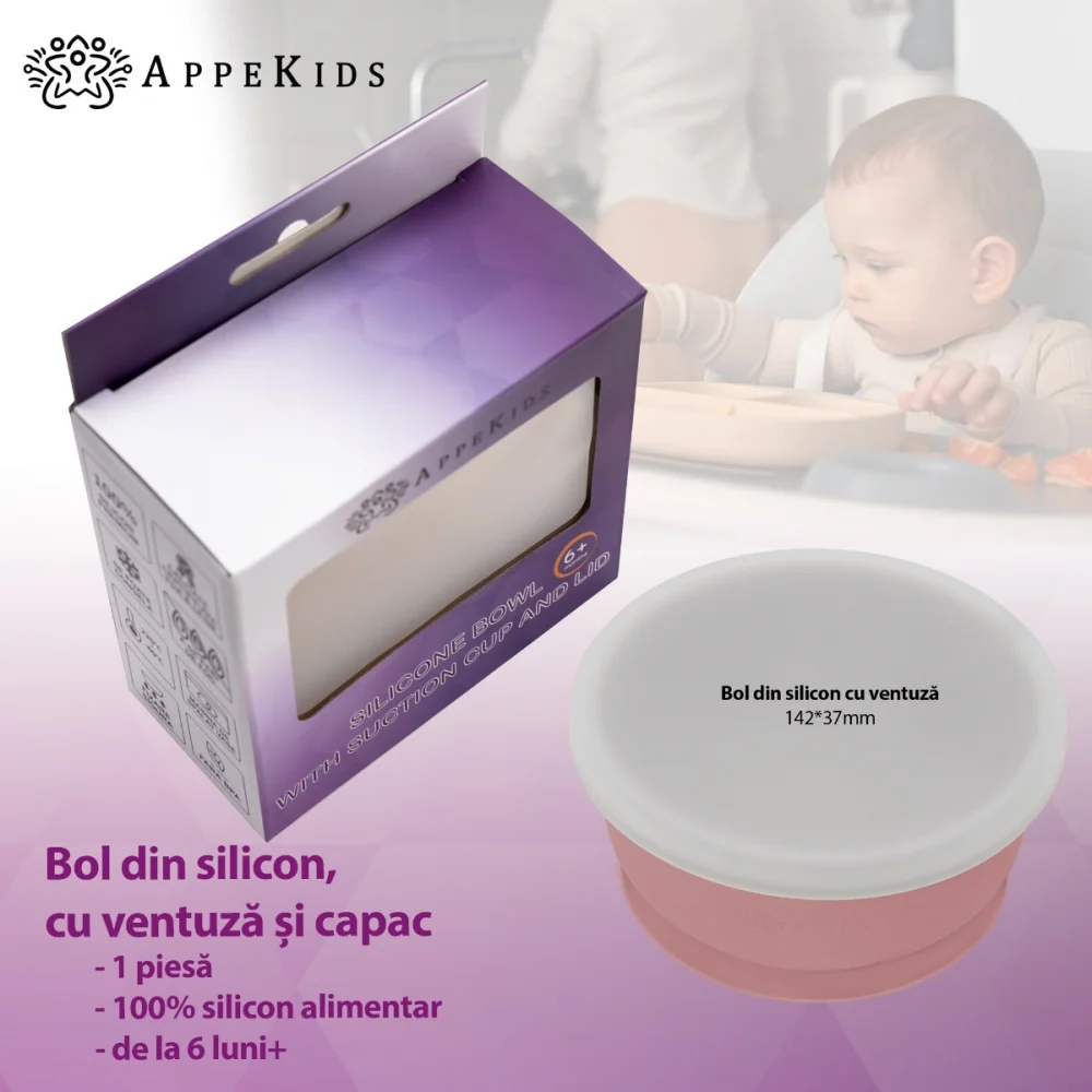 Bol din silicon cu ventuza si capac, AppeKids - Roz [2]
