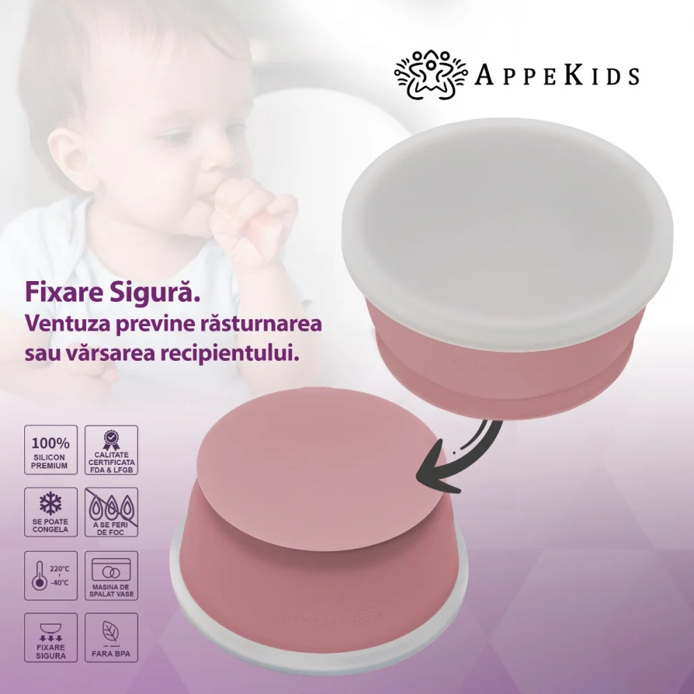 Bol din silicon cu ventuza si capac, AppeKids - Roz [4]