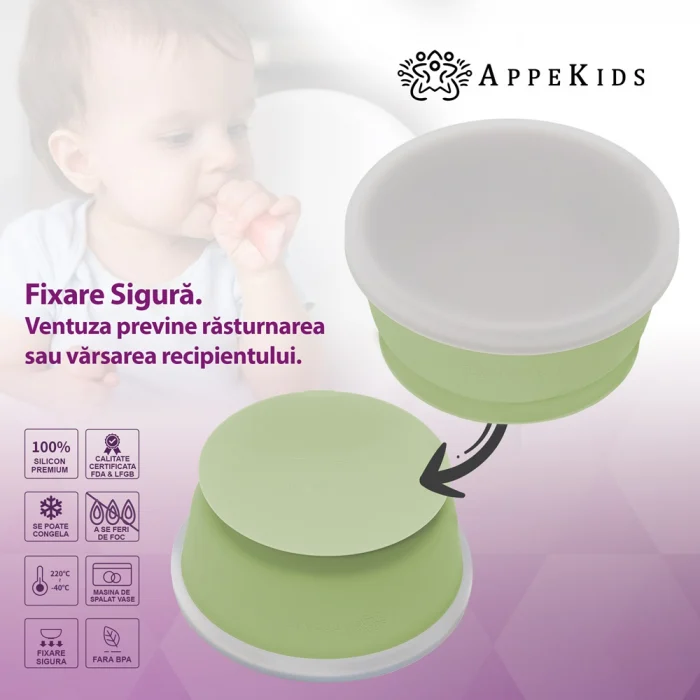 Bol din silicon cu ventuza si capac, AppeKids - Verde [2]