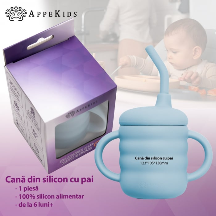 Cana din silicon cu pai, AppeKids - Albastru [3]