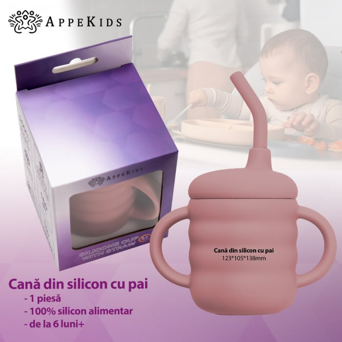Cana din silicon cu pai, AppeKids - Roz [4]
