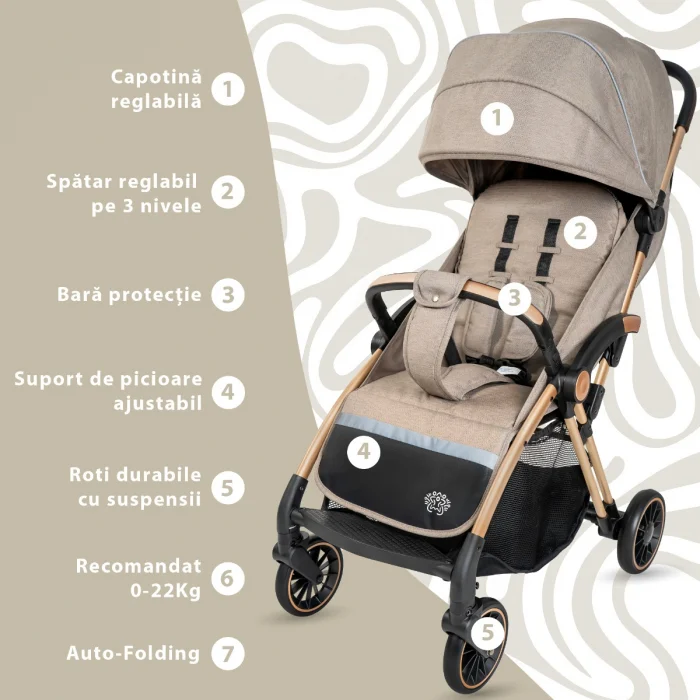 Carucior Sport AppeKids – Upp – Ultracompact, Pliere automata, De la nastere la 22kg - Bej [3]