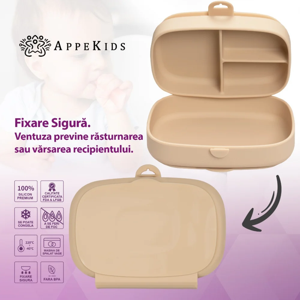 Caserola compartimentata din silicon cu ventuza, AppeKids Magic Box - Bej [4]