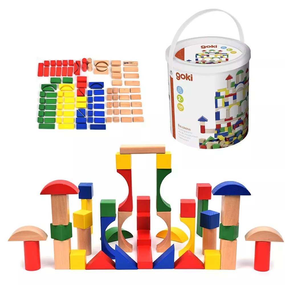 Cuburi pentru construit, din lemn, pentru copii, 100 buc, Goki [2]