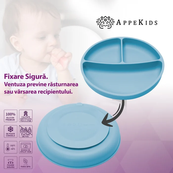 Farfurie compartimentata din silicon cu ventuza, AppeKids - Albastru [2]