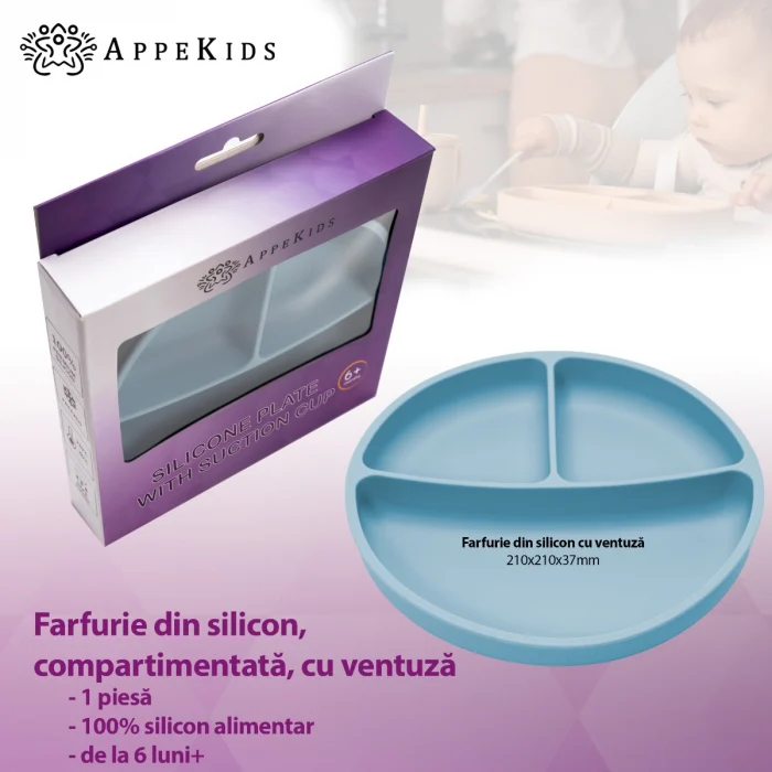Farfurie compartimentata din silicon cu ventuza, AppeKids - Albastru [5]