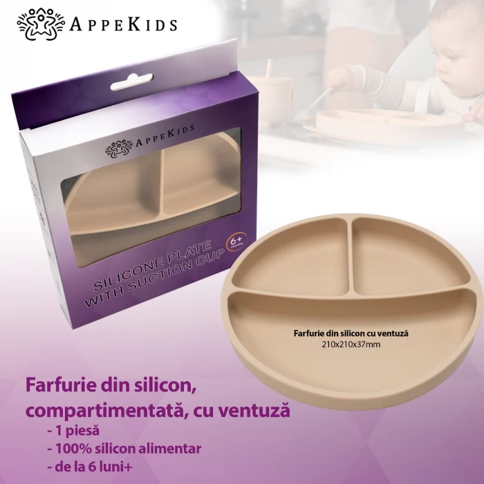 Farfurie compartimentata din silicon cu ventuza, AppeKids - Bej [3]