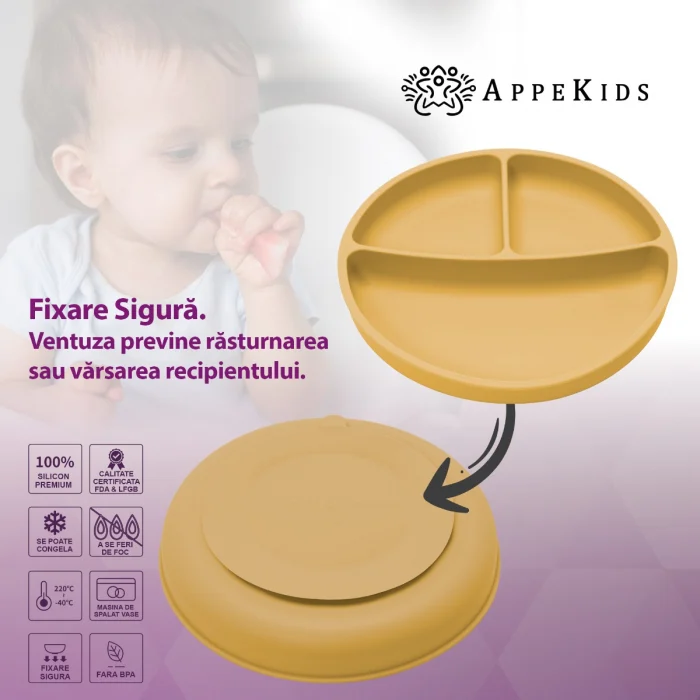 Farfurie compartimentata din silicon cu ventuza, AppeKids - Galben [5]