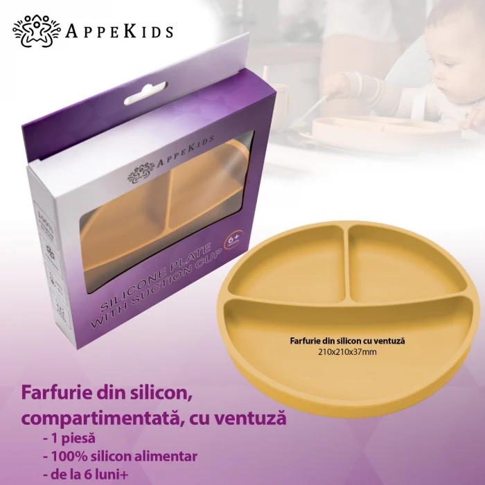 Farfurie compartimentata din silicon cu ventuza, AppeKids - Galben [3]
