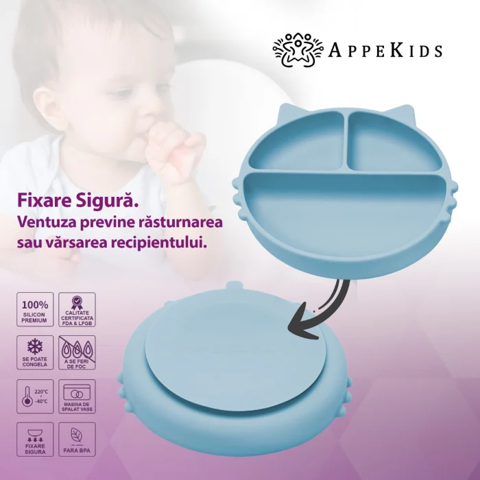 Farfurie compartimentata din silicon cu ventuza, AppeKids - Kitty - Albastru [5]