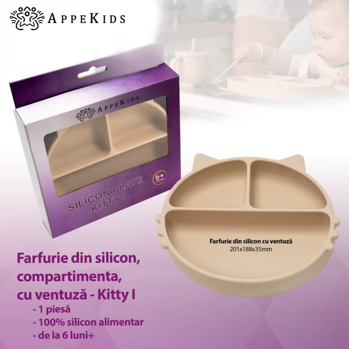 Farfurie compartimentata din silicon cu ventuza, AppeKids - Kitty - Bej [2]