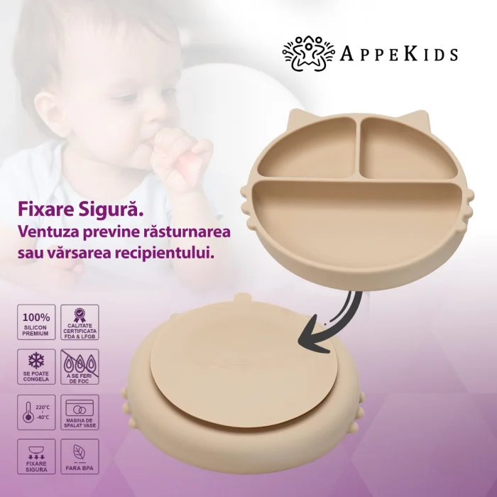 Farfurie compartimentata din silicon cu ventuza, AppeKids - Kitty - Bej [4]