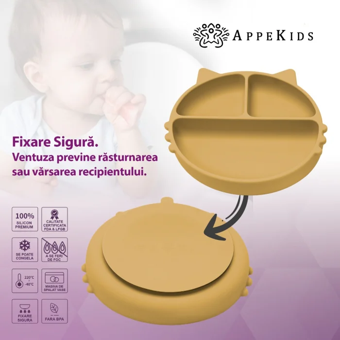 Farfurie compartimentata din silicon cu ventuza, AppeKids - Kitty - Galben [5]