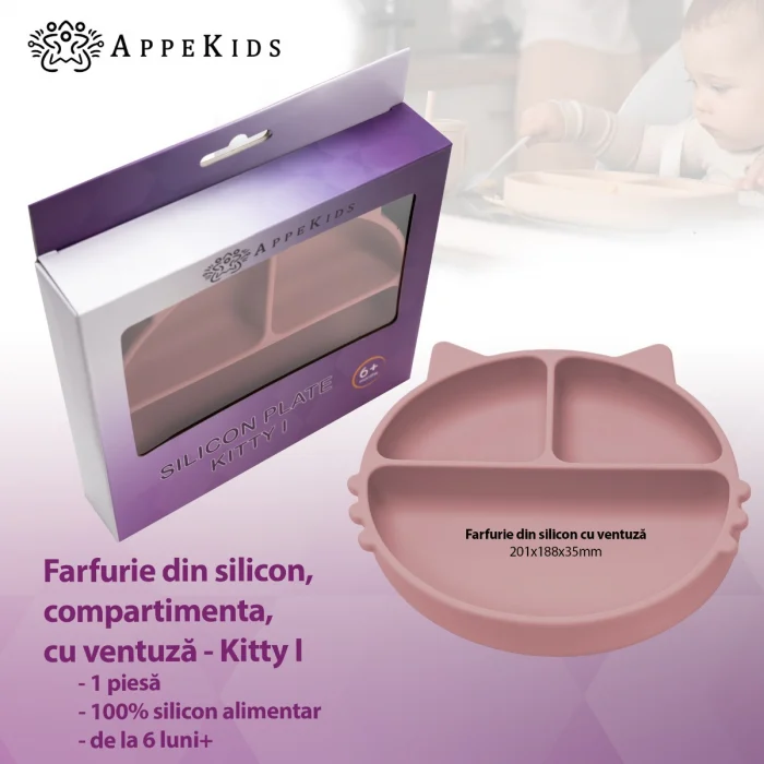 Farfurie compartimentata din silicon cu ventuza, AppeKids - Kitty - Roz [3]