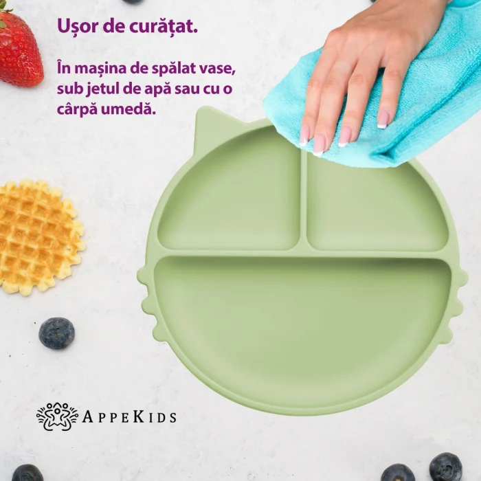 Farfurie compartimentata din silicon cu ventuza, AppeKids - Kitty - Verde [3]