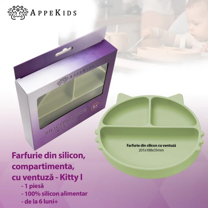 Farfurie compartimentata din silicon cu ventuza, AppeKids - Kitty - Verde [5]