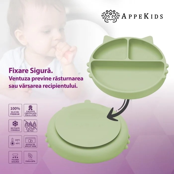 Farfurie compartimentata din silicon cu ventuza, AppeKids - Kitty - Verde [4]