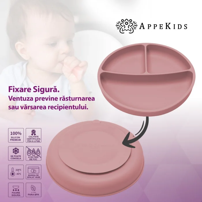 Farfurie compartimentata din silicon cu ventuza, AppeKids - Roz [4]
