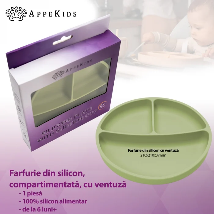 Farfurie compartimentata din silicon cu ventuza, AppeKids - Verde [3]