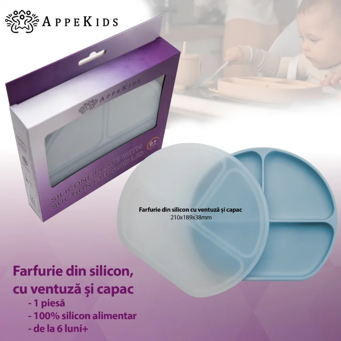 Farfurie compartimentata din silicon cu ventuza si capac, AppeKids - Albastru [4]