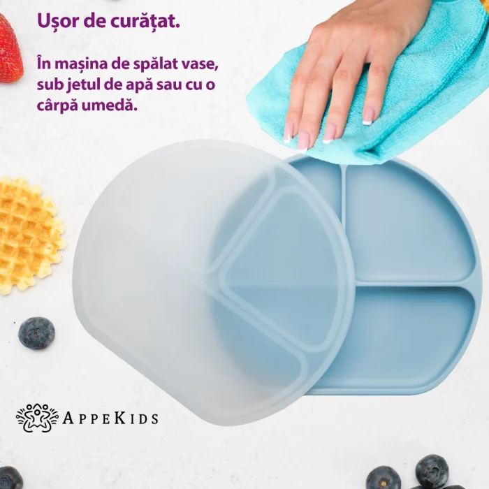 Farfurie compartimentata din silicon cu ventuza si capac, AppeKids - Albastru [3]
