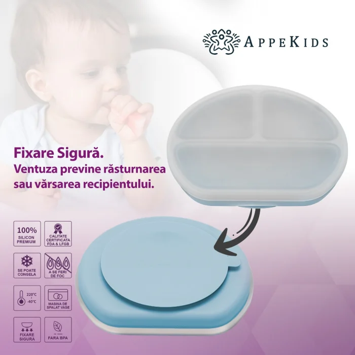 Farfurie compartimentata din silicon cu ventuza si capac, AppeKids - Albastru [5]