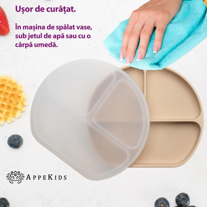 Farfurie compartimentata din silicon cu ventuza si capac, AppeKids - Bej [3]