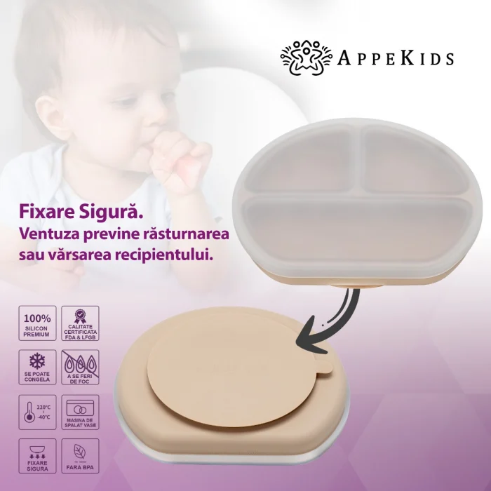 Farfurie compartimentata din silicon cu ventuza si capac, AppeKids - Bej [5]