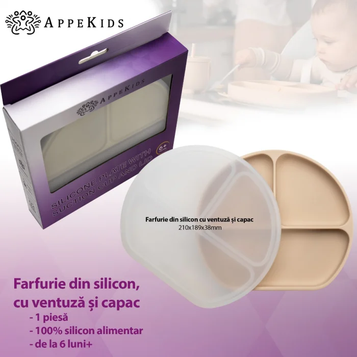 Farfurie compartimentata din silicon cu ventuza si capac, AppeKids - Bej [2]