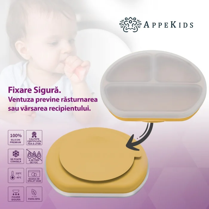 Farfurie compartimentata din silicon cu ventuza si capac, AppeKids - Galben [5]