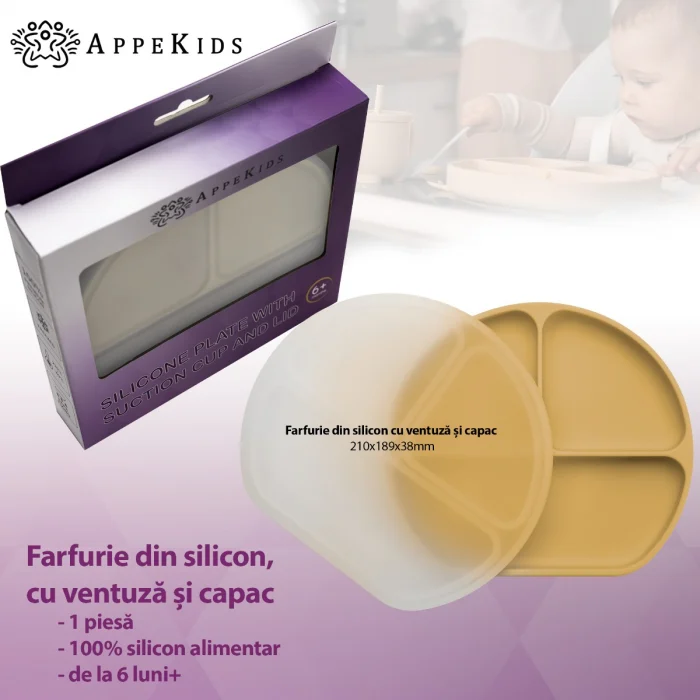 Farfurie compartimentata din silicon cu ventuza si capac, AppeKids - Galben [4]