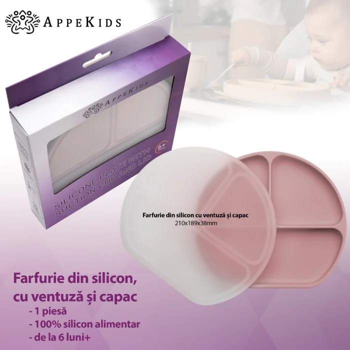 Farfurie compartimentata din silicon cu ventuza si capac, AppeKids - Roz [5]