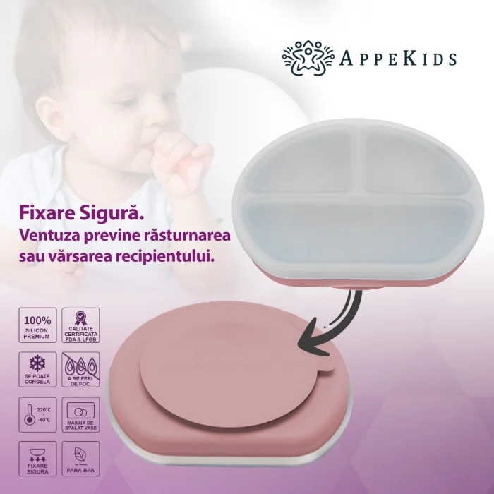 Farfurie compartimentata din silicon cu ventuza si capac, AppeKids - Roz [4]