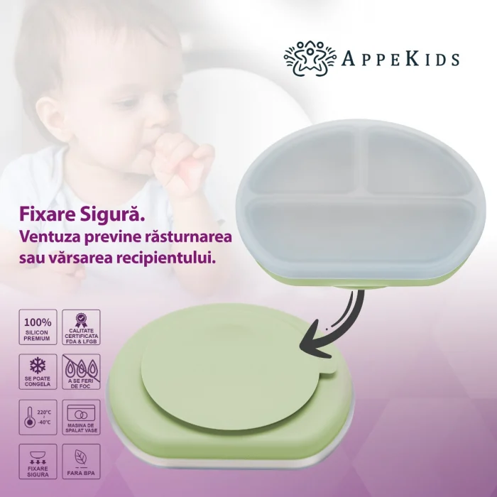 Farfurie compartimentata din silicon cu ventuza si capac, AppeKids - Verde [3]