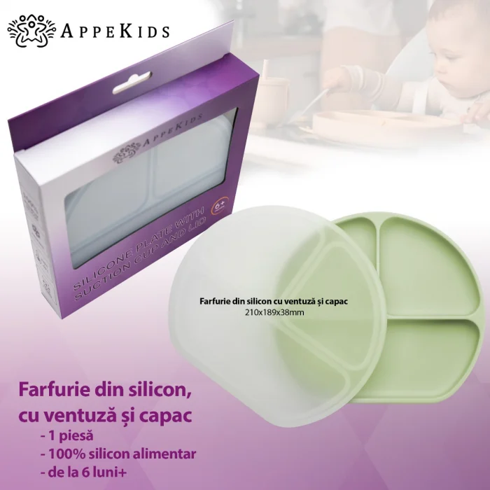 Farfurie compartimentata din silicon cu ventuza si capac, AppeKids - Verde [4]