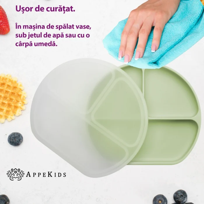 Farfurie compartimentata din silicon cu ventuza si capac, AppeKids - Verde [5]